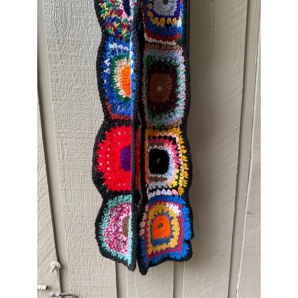 Vintage Handmade Crochet Hooded Scarf Granny Square Multi-Color Boho One Size